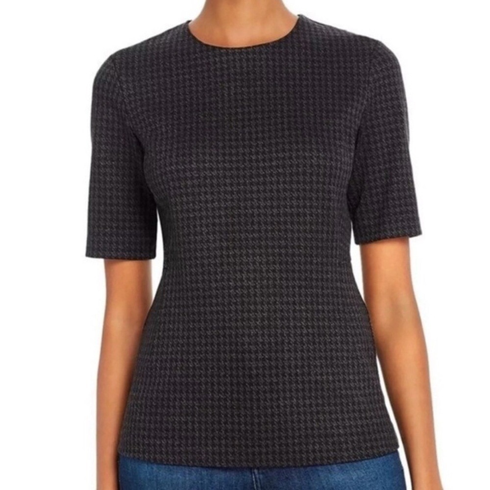 Theory Womens Houndstooth Knit Twill Fitted Short Sleeve Top Grey Black J0926511